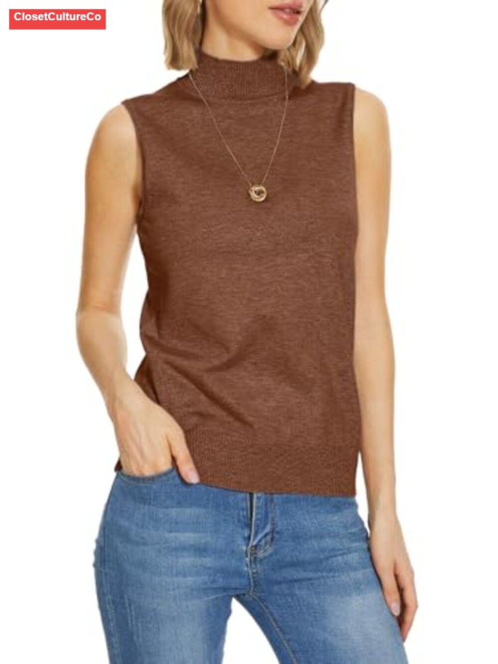 Sleeveless Turtleneck Top Mock Neck Sweater Vest Ribbed Knit